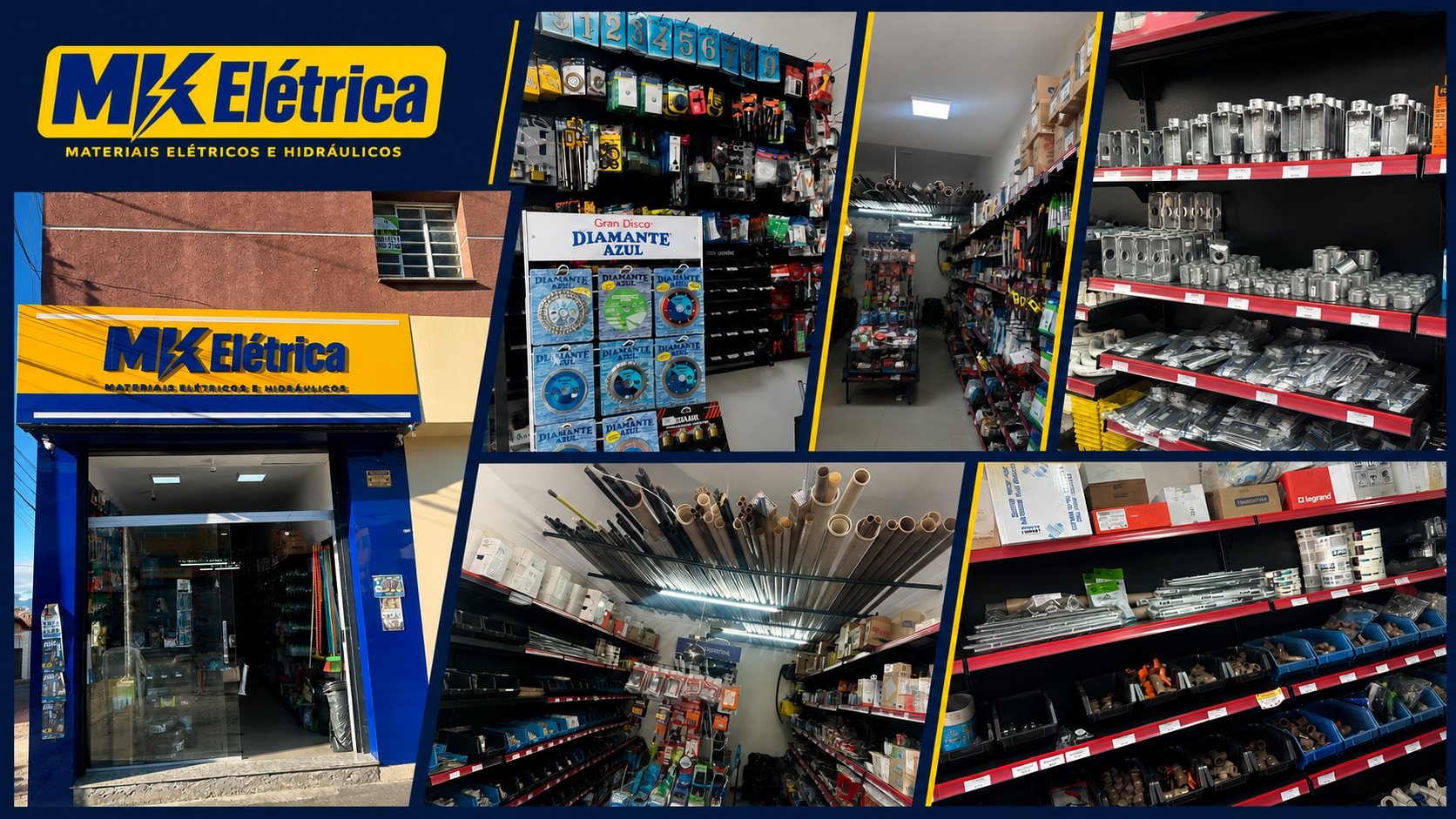 MK Elétrica — fachada, prateleiras e produtos da loja em Belo Horizonte